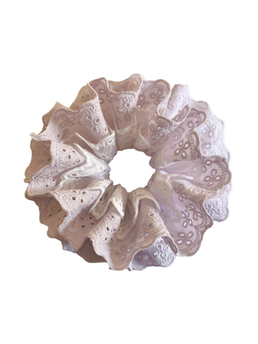 Side view of sweet purple double scrunchie highlighting texture and cutouts