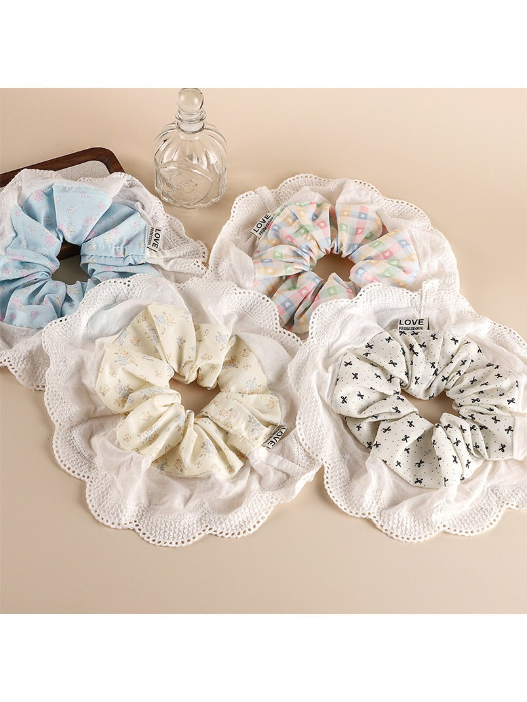 Gifty sweet printed patchwork scrunchie with floral and geometric patterns on fabric