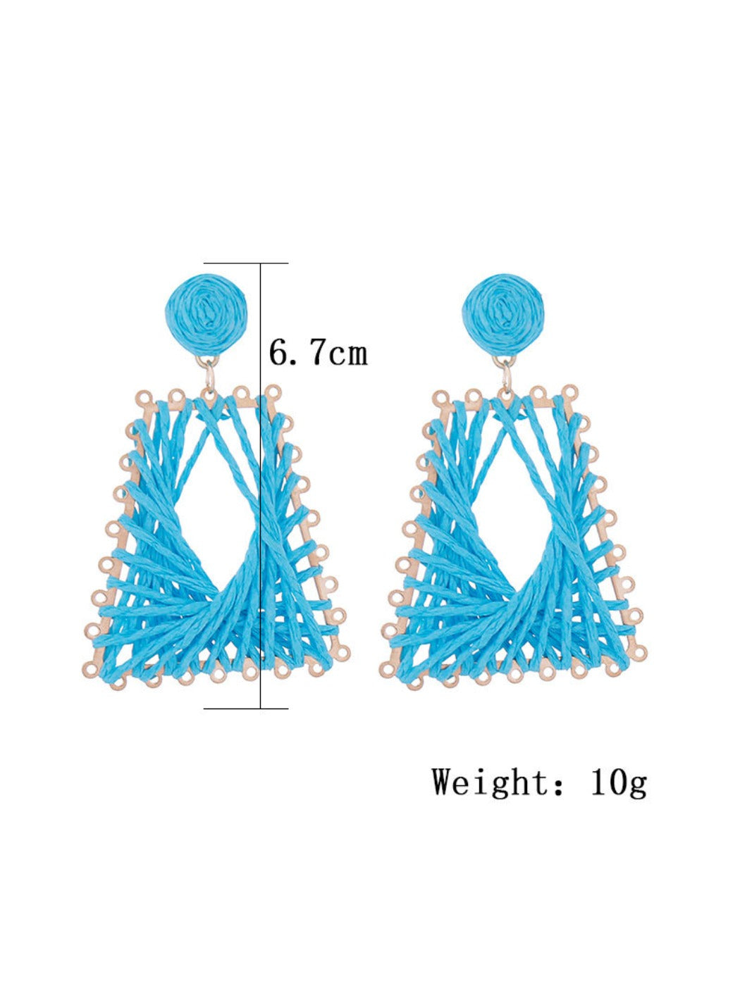 Side view of raffia woven trapezoid earrings showing texture and weave
