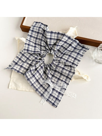 Plaid lace bow bandana scrunchie styled in a ponytail