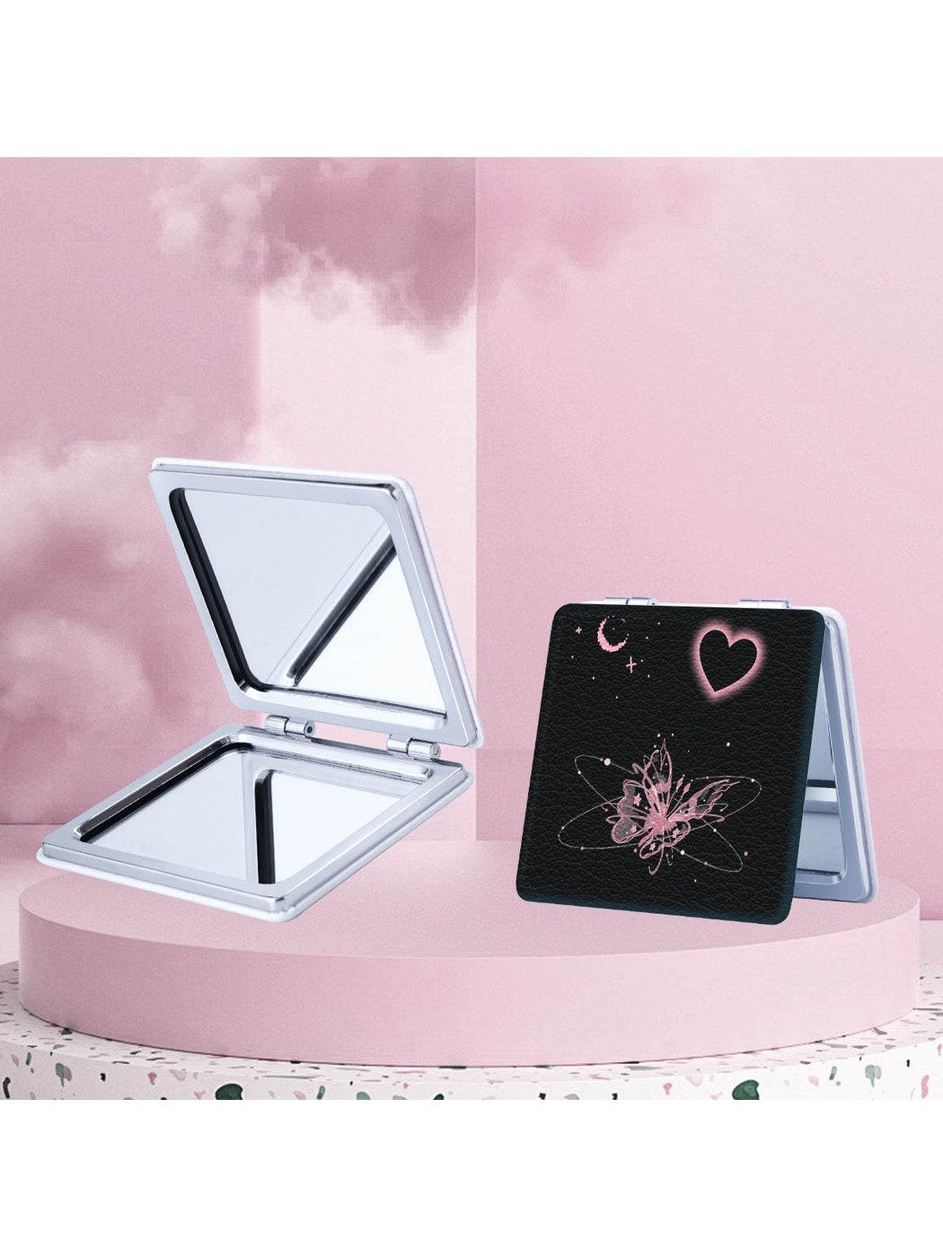 Mirroray - Y2K Heart Print Foldable Makeup Mirror