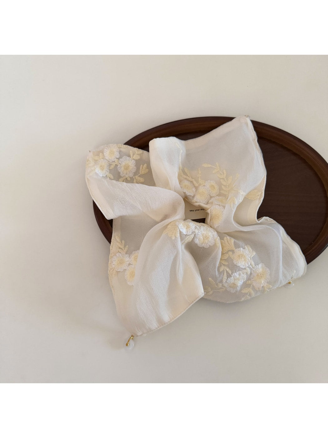 Gifty - Beige Floral Embroidered Sheer Scrunchie