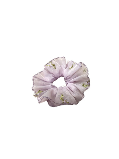 Gifty - Embroidered Floral Mesh Ruffle Edge Scrunchie