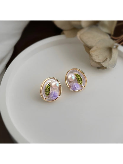 Earedge - Oil Painting Style Purple Tulip Earrings
