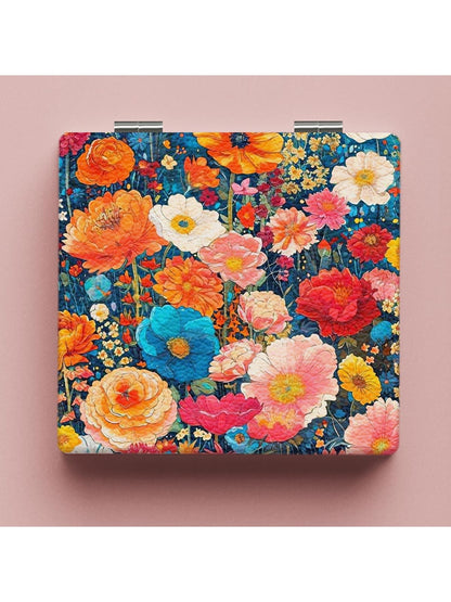 Mirroray - Floral Print Foldable PU Glass Makeup Mirror