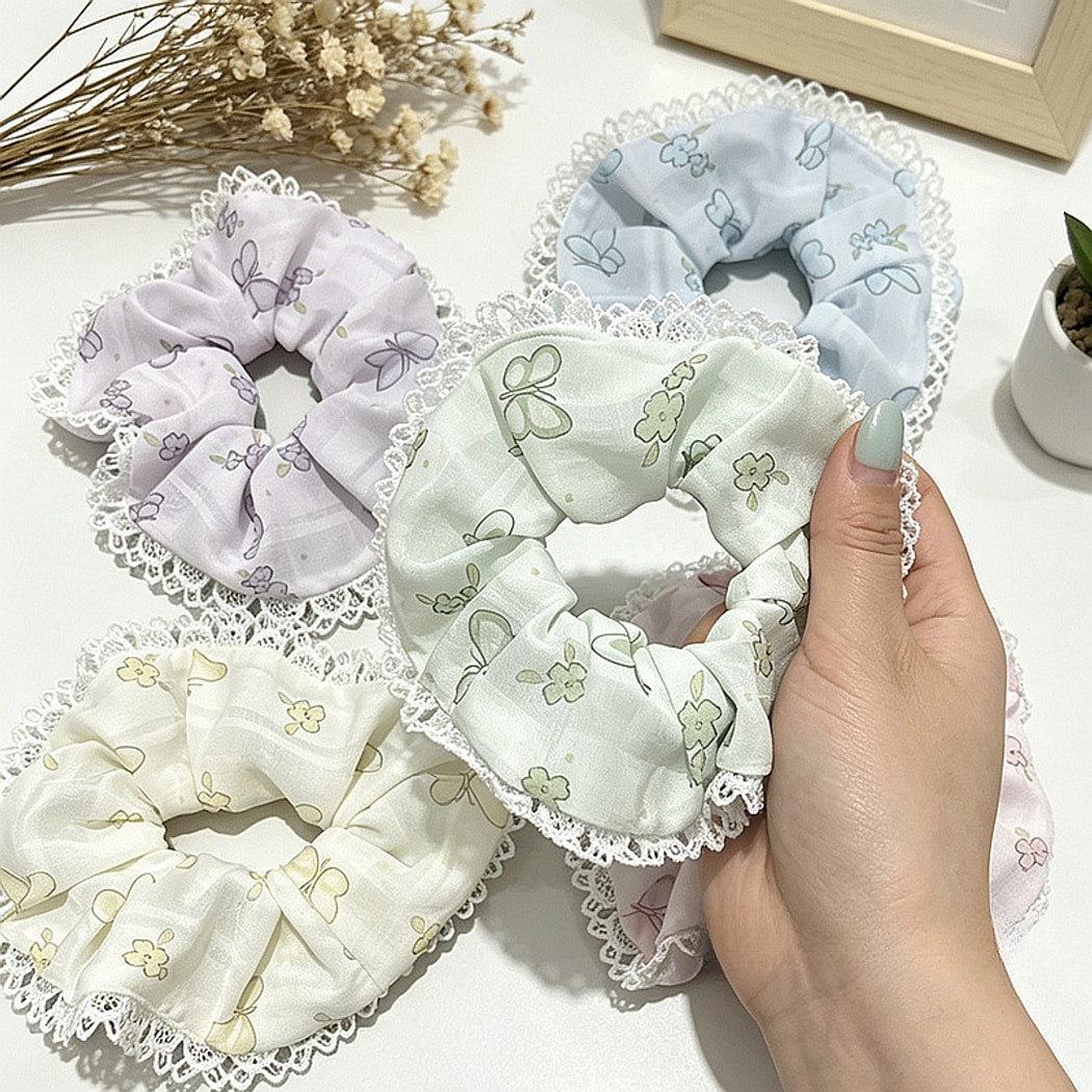 Gifty - Butterfly Pattern Lace Edge Ruffle Scrunchie