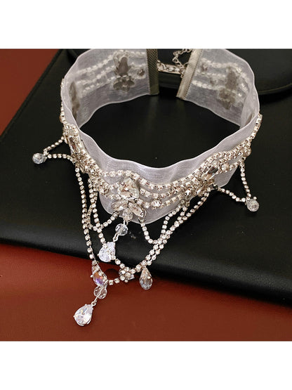 Nozari - Rhinestone Teardrop Chiffon Chain Necklace