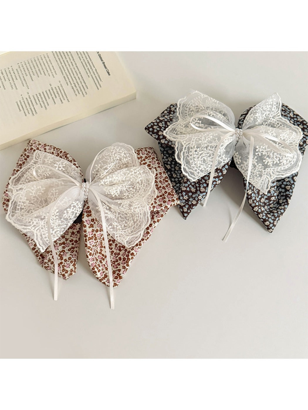 Close-up of Beau floral lace bow claw clip showing lace details