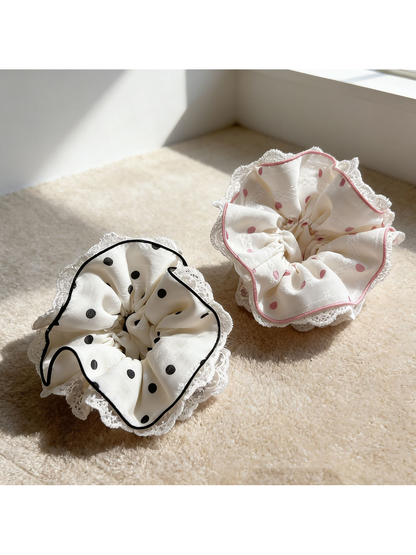 Gifty - Polka Dot Lace Trim Hair Scrunchie
