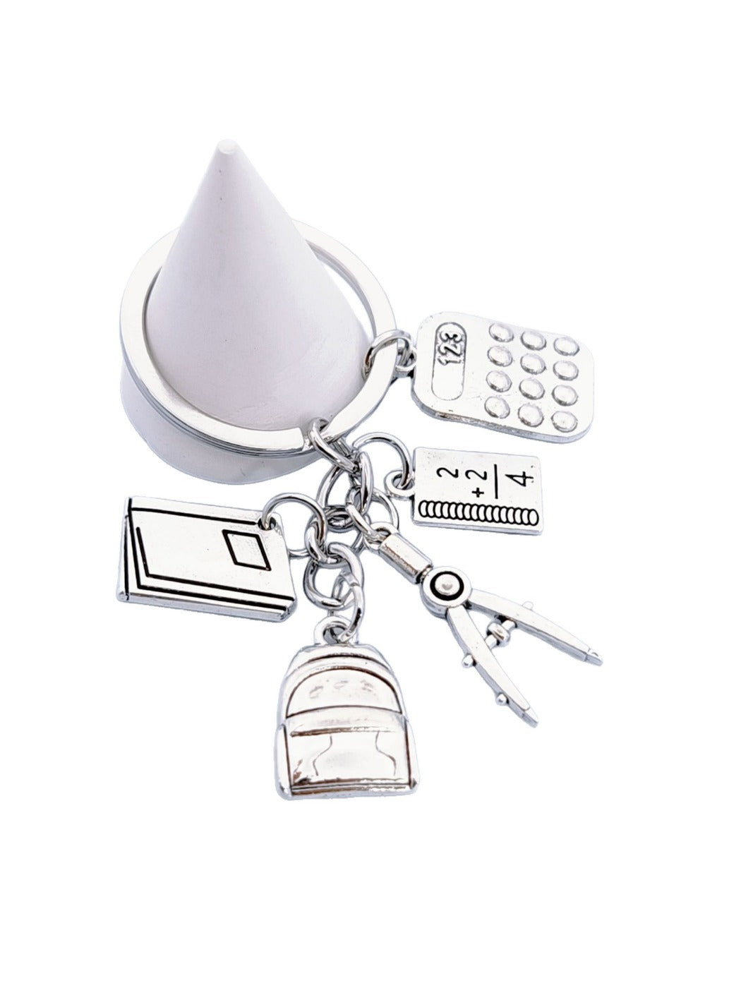 Top view of the alloy backpack book keychain showing the keyring attachment