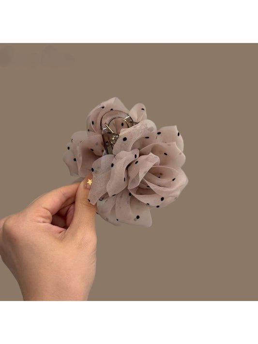 Beau - Polka Dot Flower Mesh Fabric Claw Clip