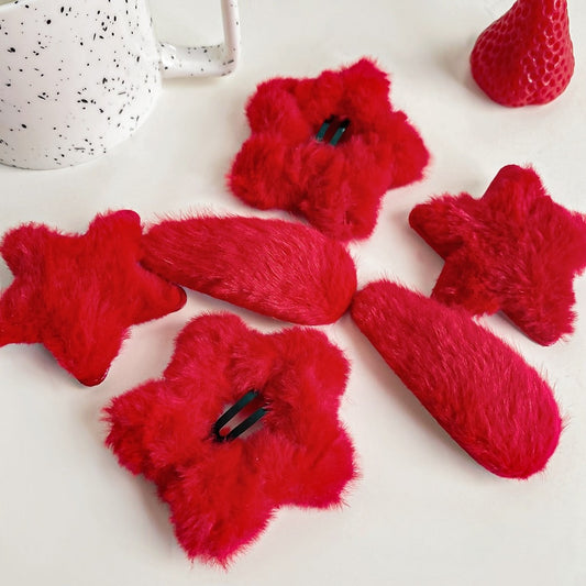 Beau - Soft Red Plush Star Shape Hair Clip Set
