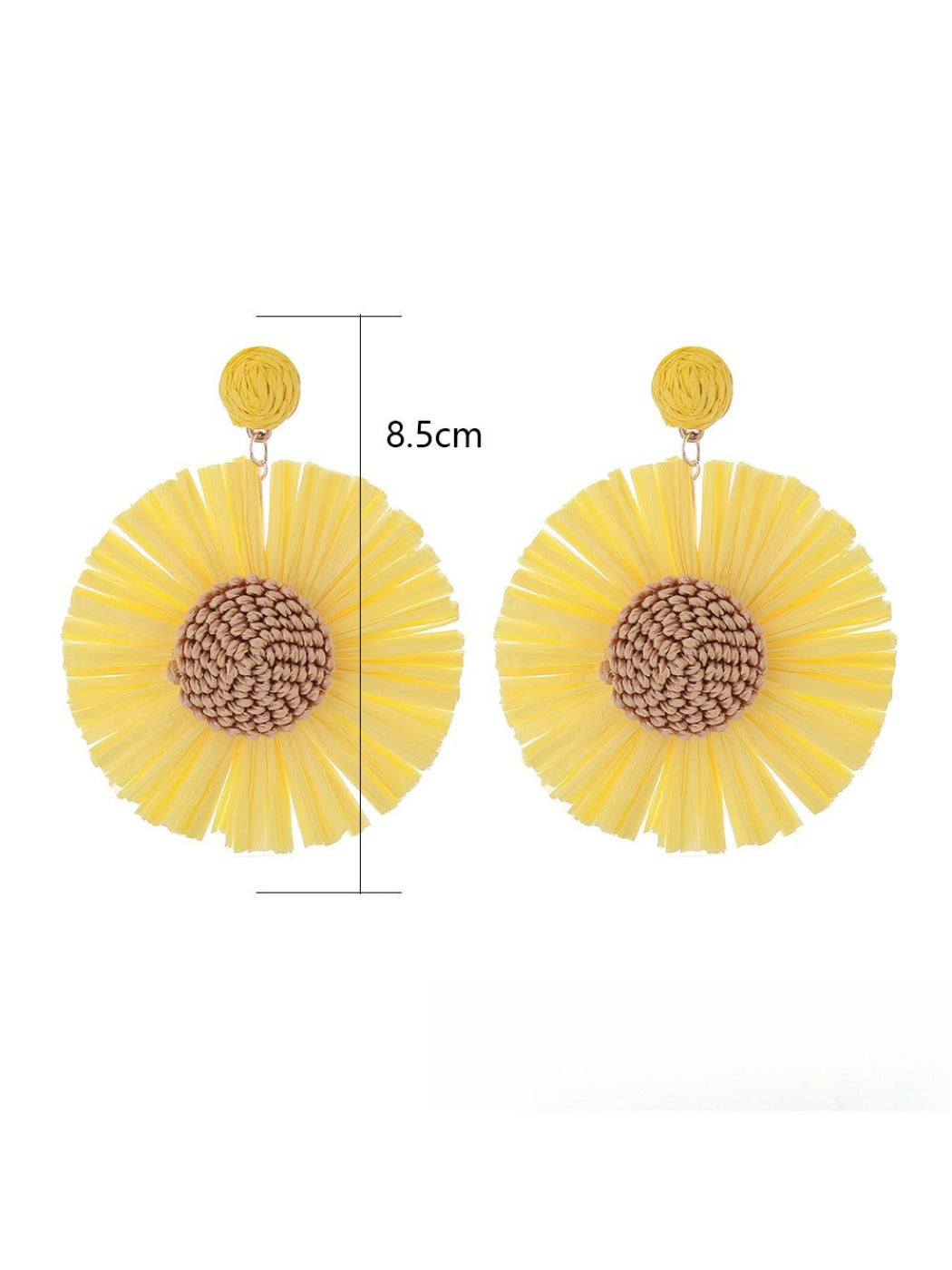 Pair of cute raffia sunflower earrings displayed on a white background