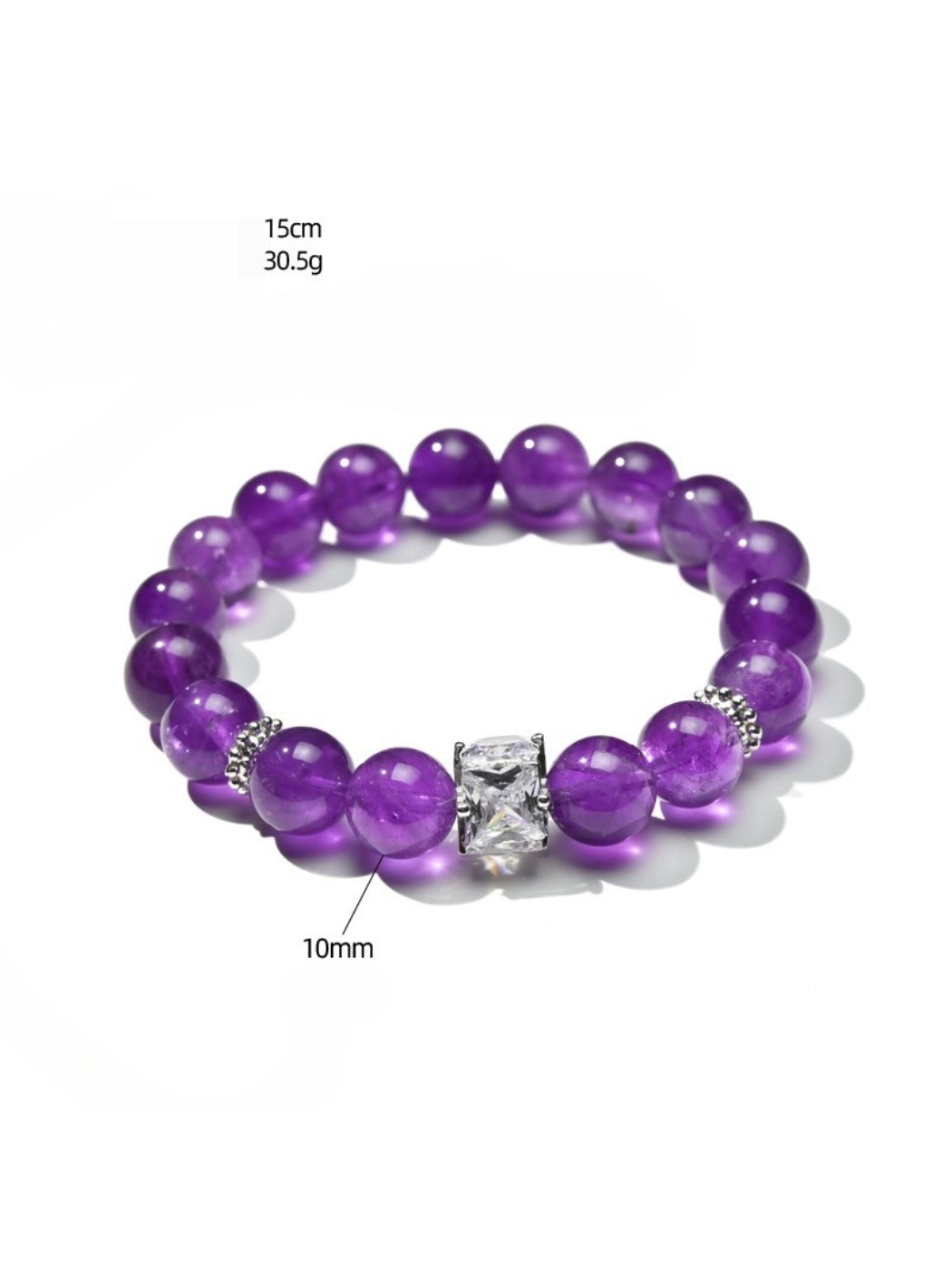 Close-up of Lovra elegant purple crystal beaded bracelet on white background