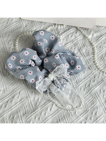 Gifty - Polyester Daisy Gingham Ruffled Fabric Scrunchie