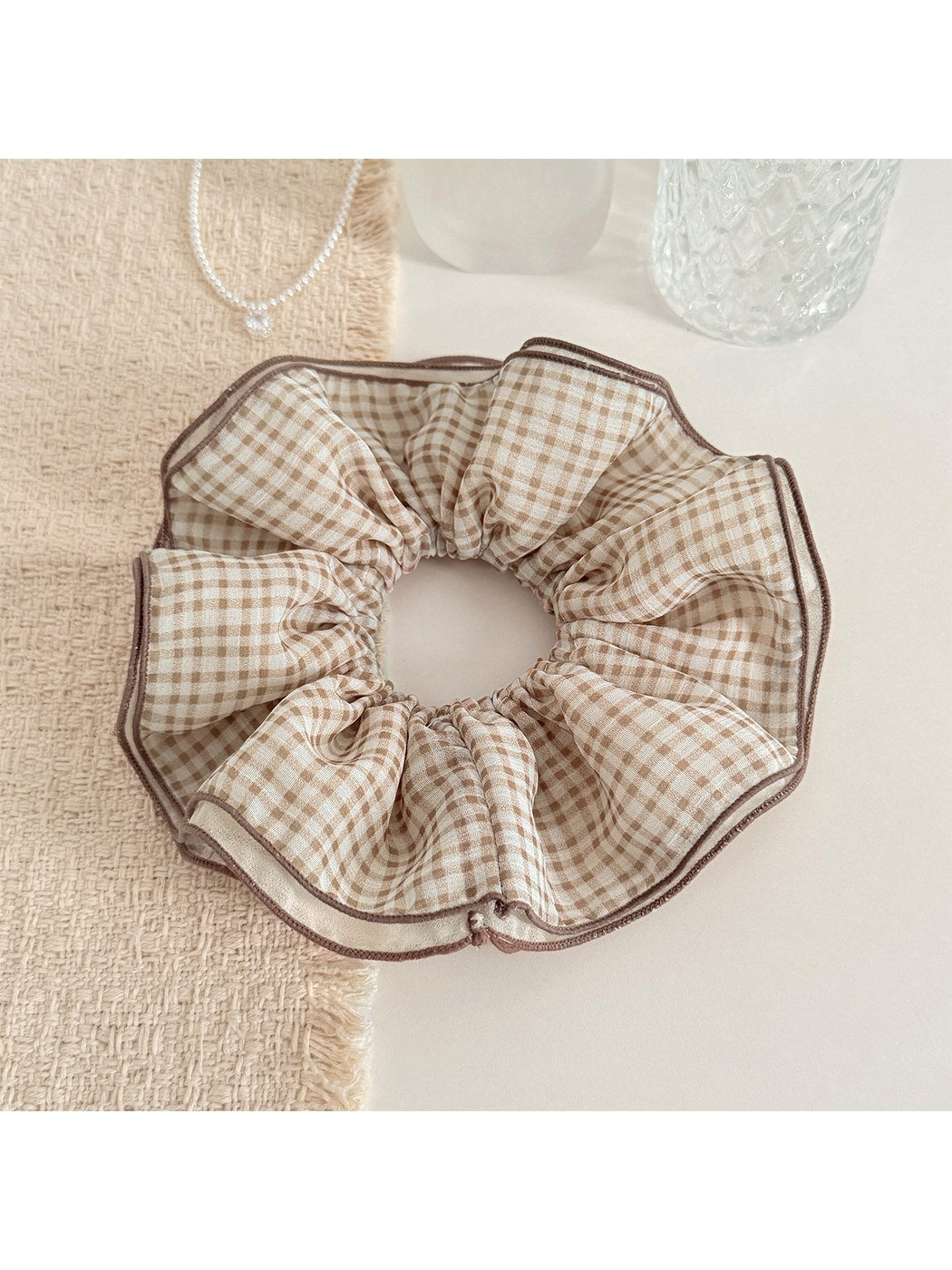 Gifty - Plaid Mesh Lace Trim Ruffled Hair Scrunchie
