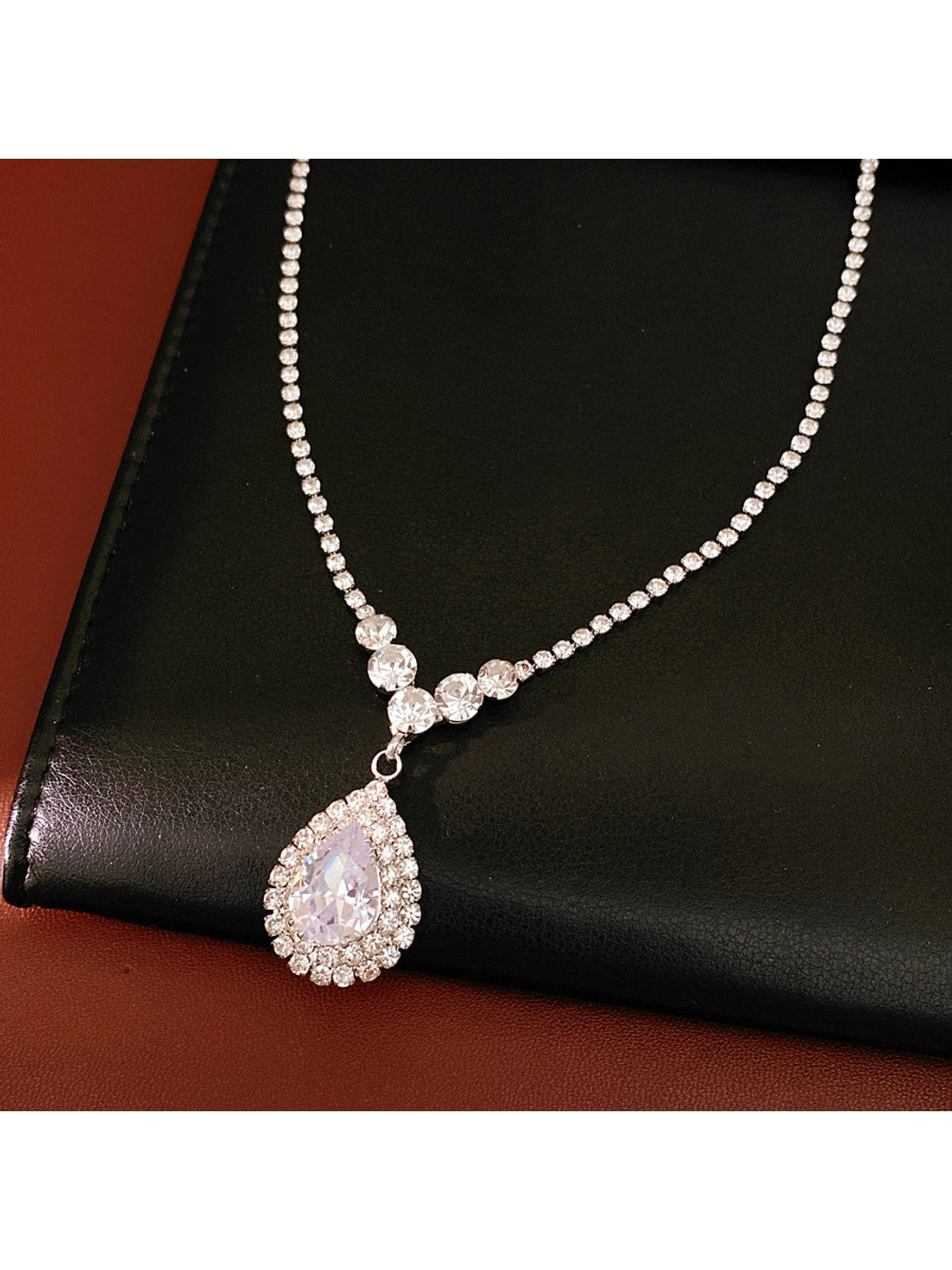 Nozari - Rhinestone Water Drop Necklace and Earrings Set