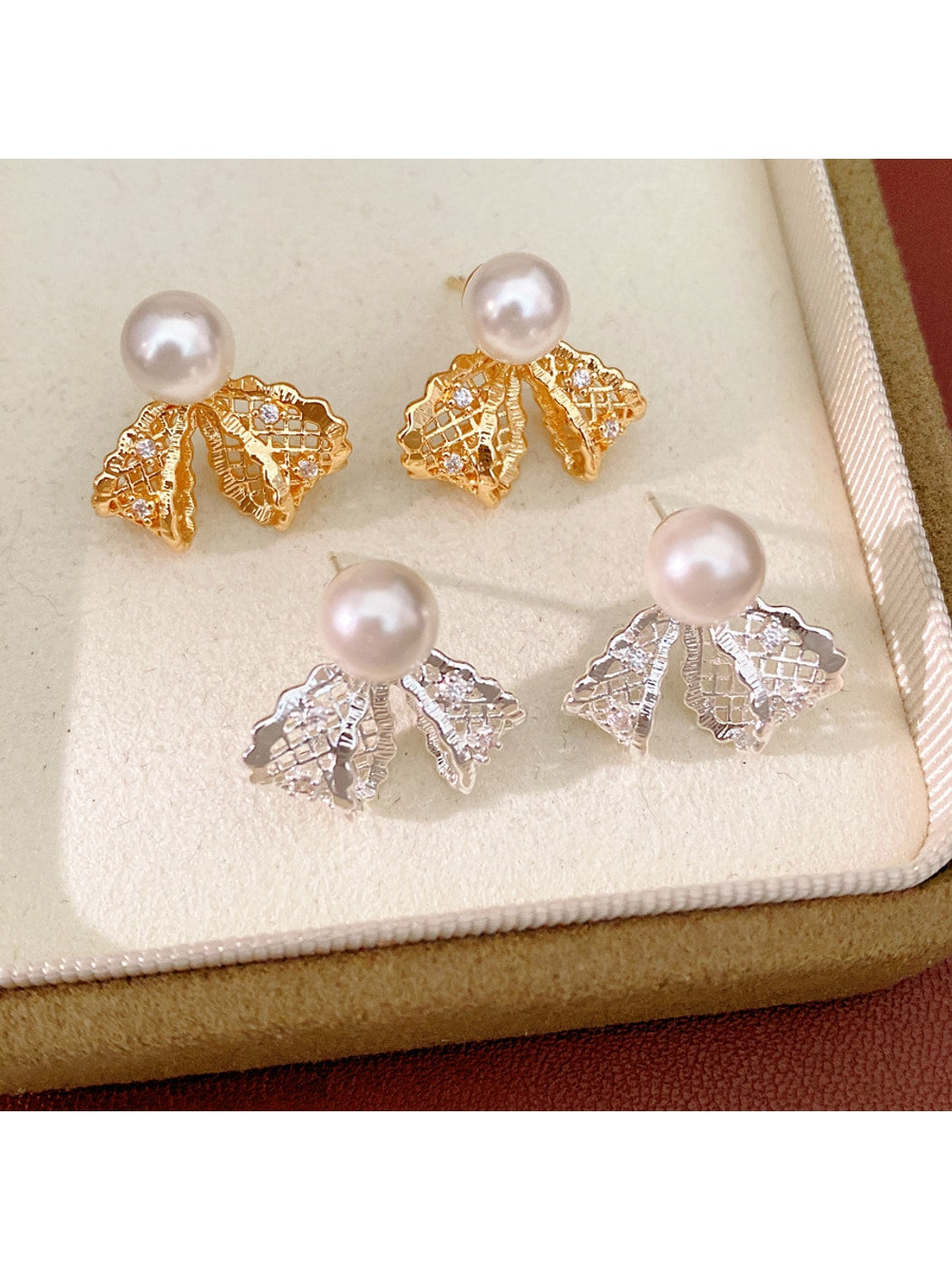 Earedge - Bow Stud Earrings with Round Accent Earrings