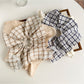 Side view of plaid lace bow bandana scrunchie on white background
