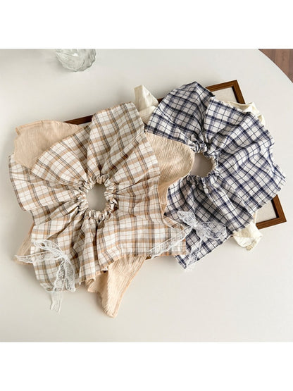 Side view of plaid lace bow bandana scrunchie on white background