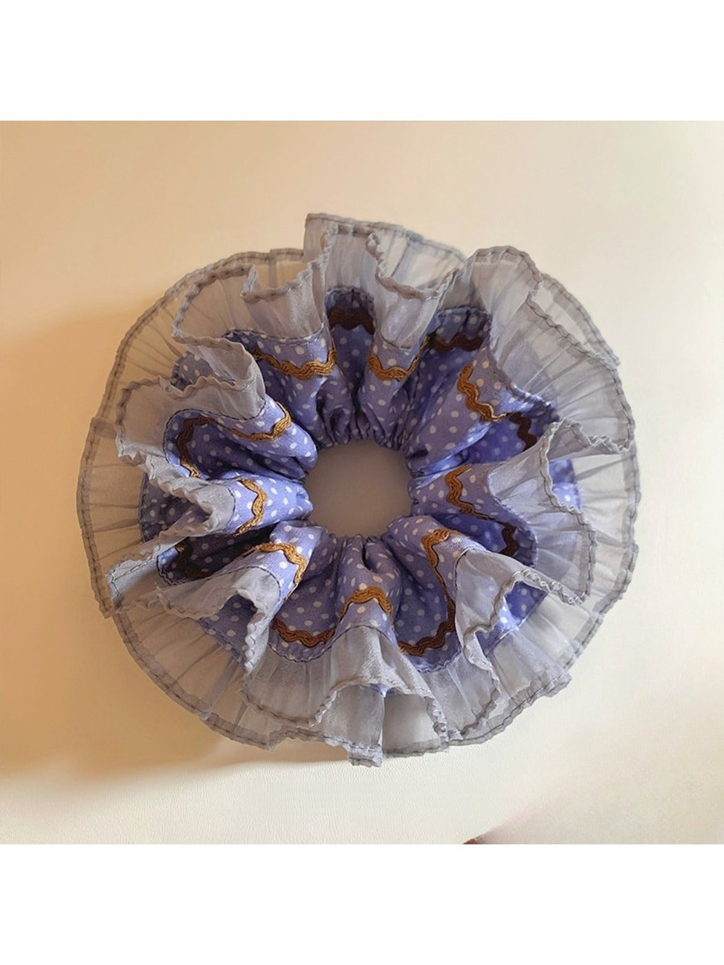 Gifty polka dot lace trim scrunchie displayed on a white background