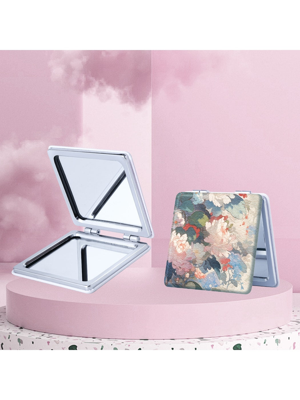 Mirroray - Floral Print PU Folding Tabletop Mirror