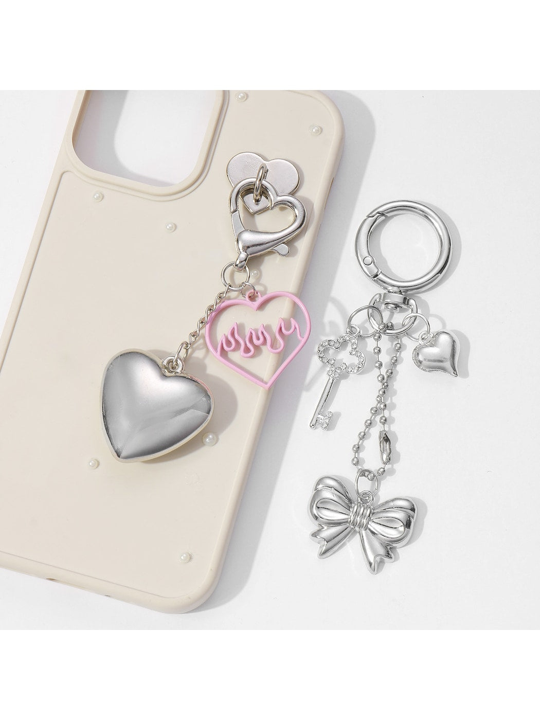 Keypus - Silver Key Heart Bow Alloy Bag Charm Keychain