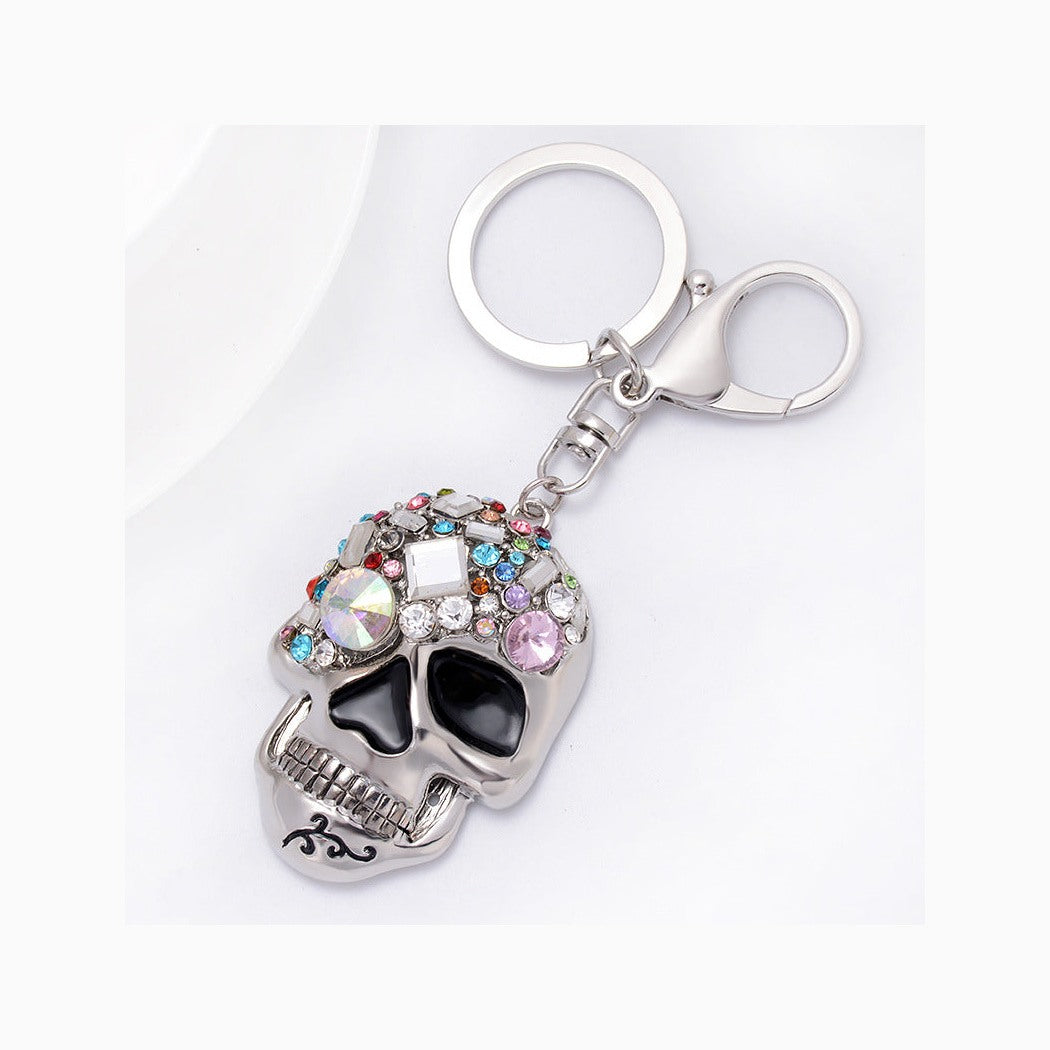Silver-tone multicolor faceted skull keychain