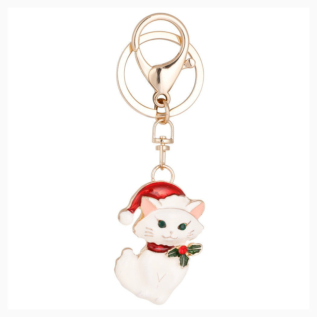 White Christmas cat keychain on white background