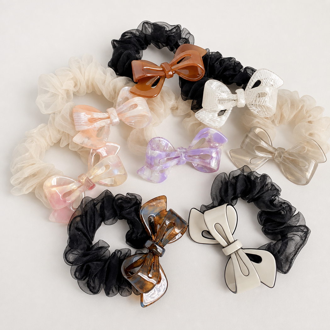 Marbled Bow Scrunchie Collection showing multiple available variants