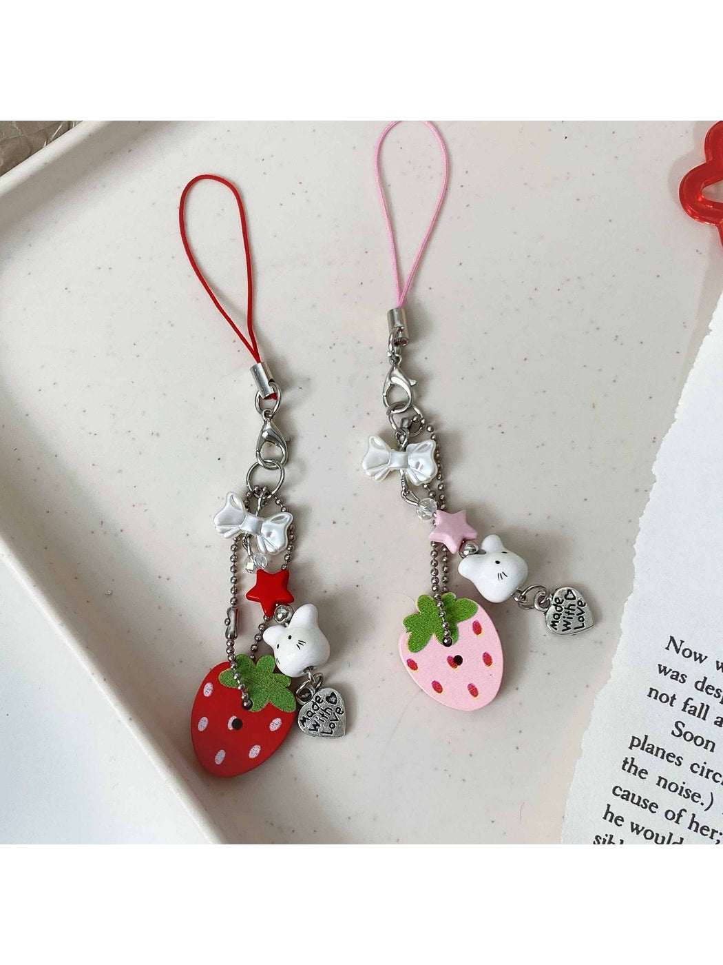 Keypus - Strawberry Beaded Button Style Bag Charm Keychain