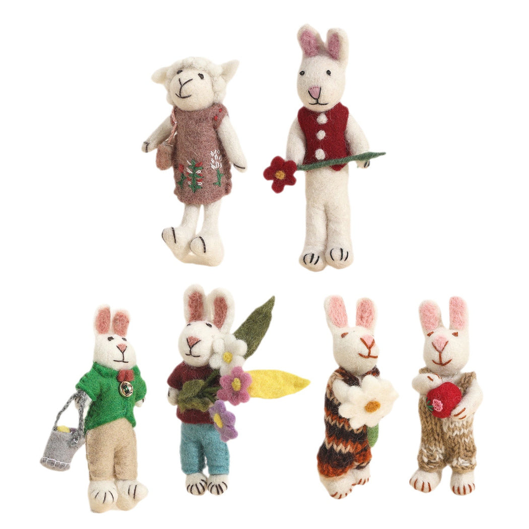Rabbit and sheep outfit character keychain in six visible styles, overview