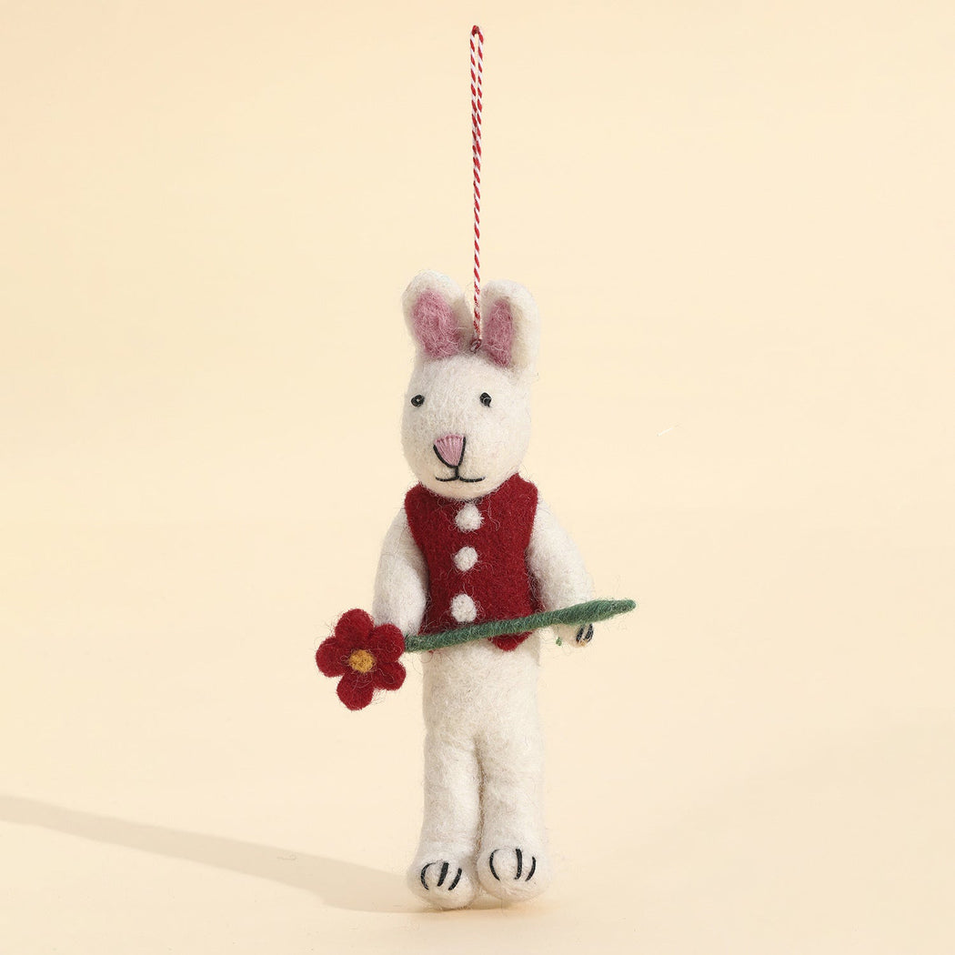Red vest rabbit character keychain, front view
