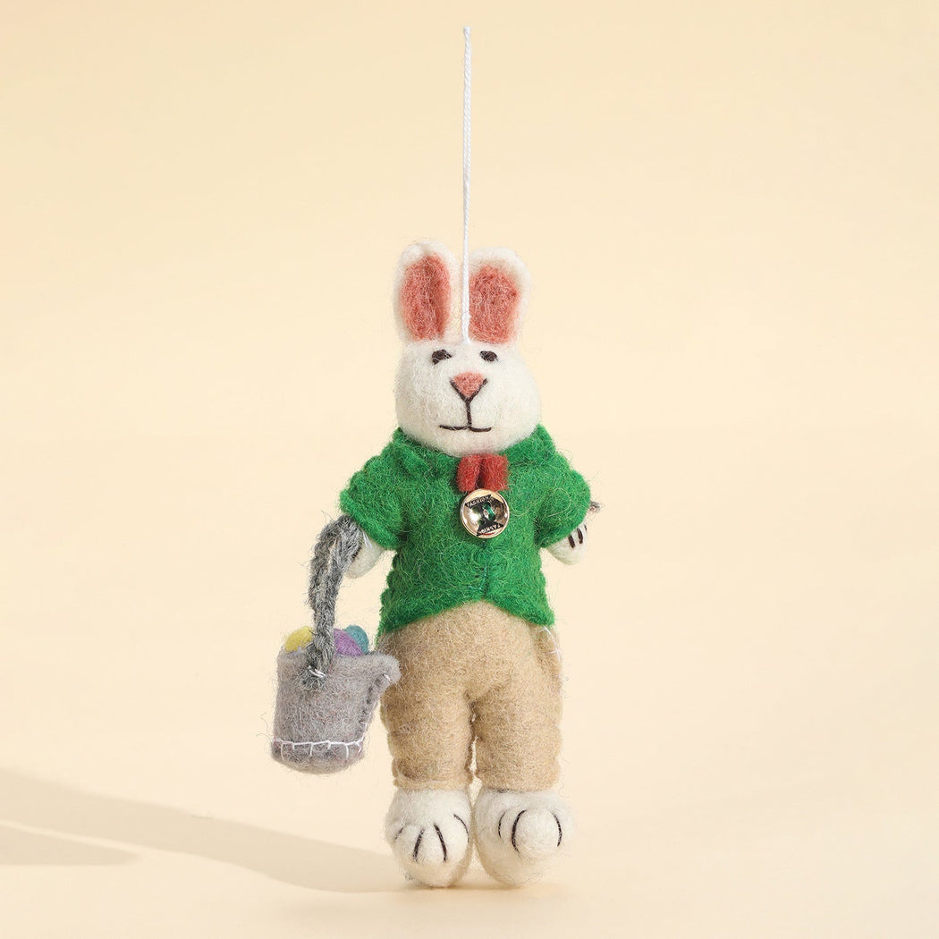 Green sweater rabbit character keychain, front view