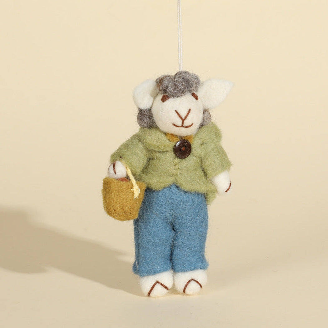 Green coat sheep character keychain, front view