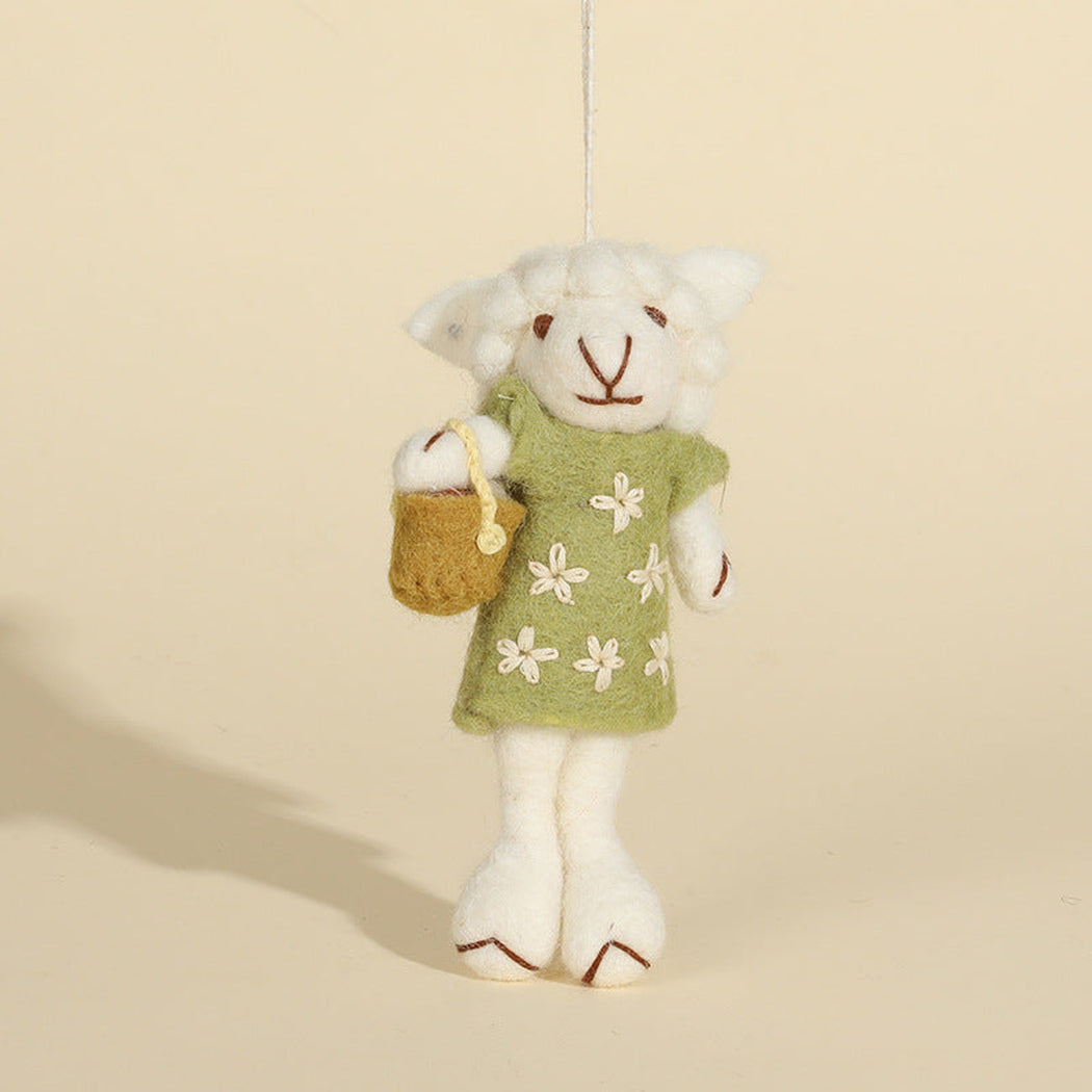 Green dress sheep character keychain, front view