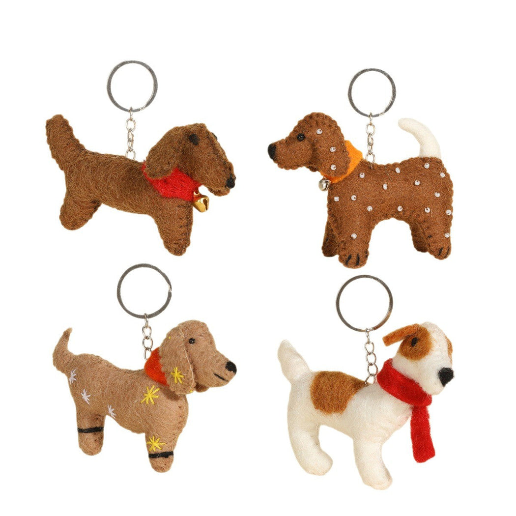 Dog breed character keychain in four visible styles, overview