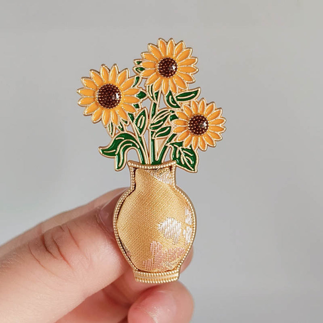 Yellow vase sunflower brooch, front view