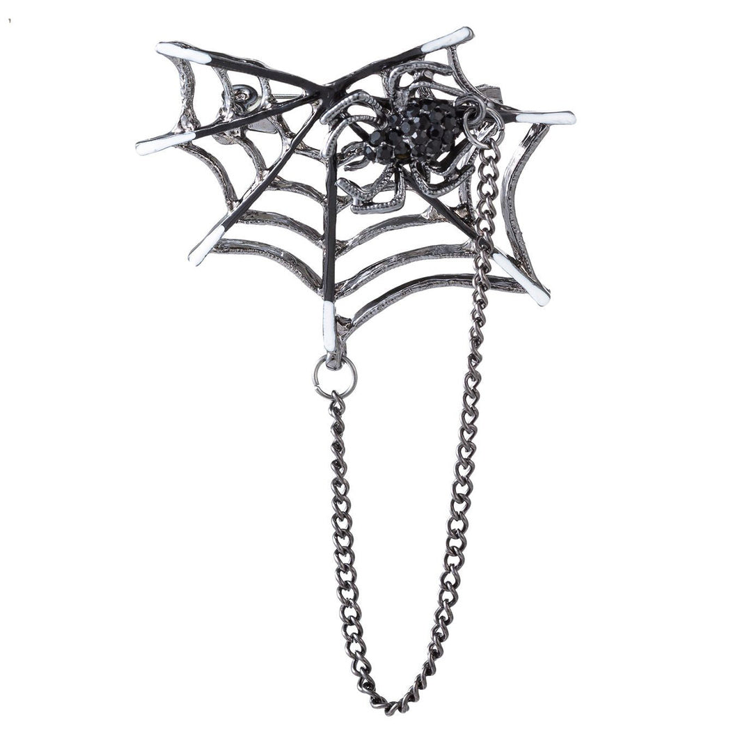 Halloween spiderweb drape chain brooch, isolated front view