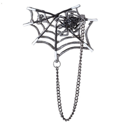 Halloween spiderweb drape chain brooch, isolated front view