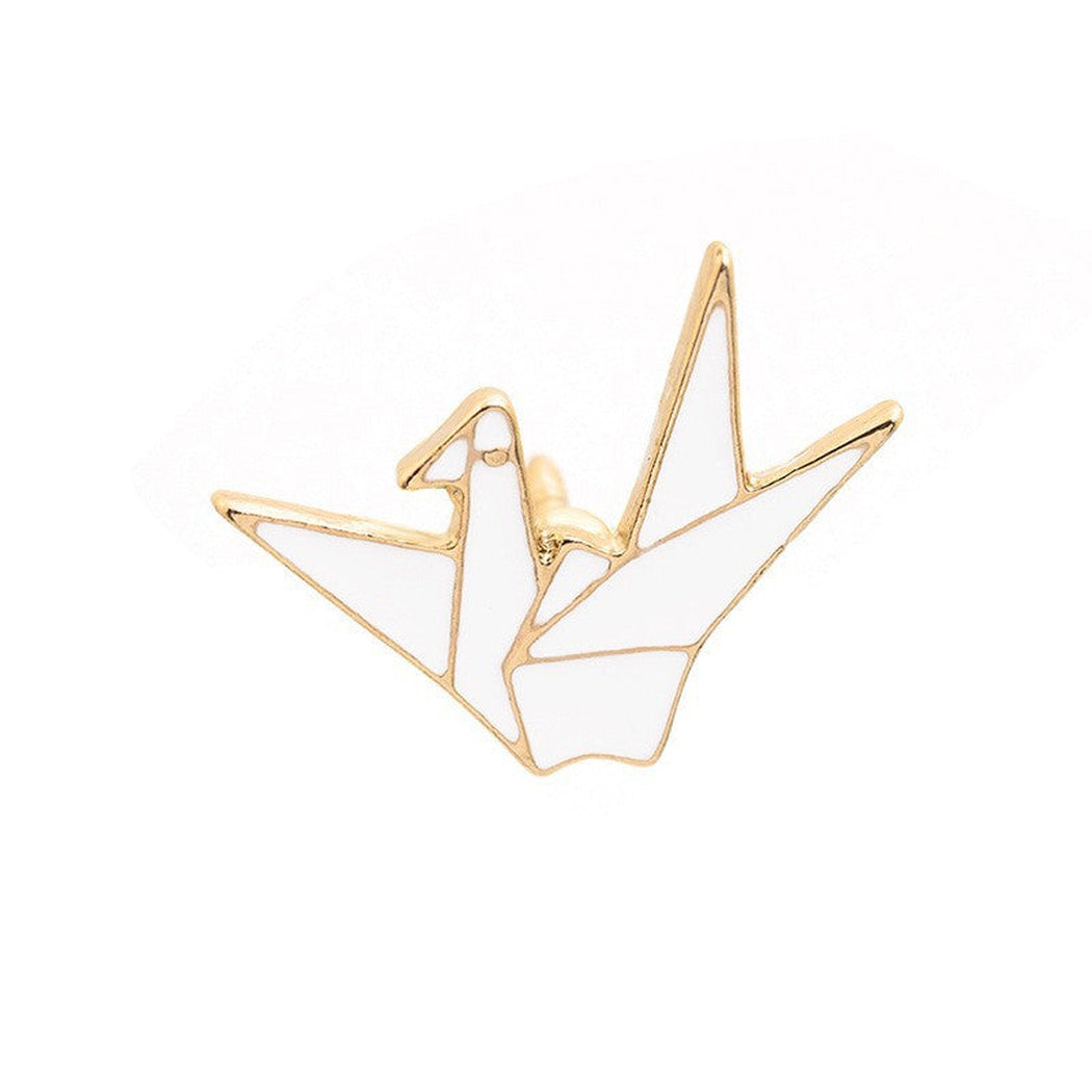 White origami crane brooch, front view