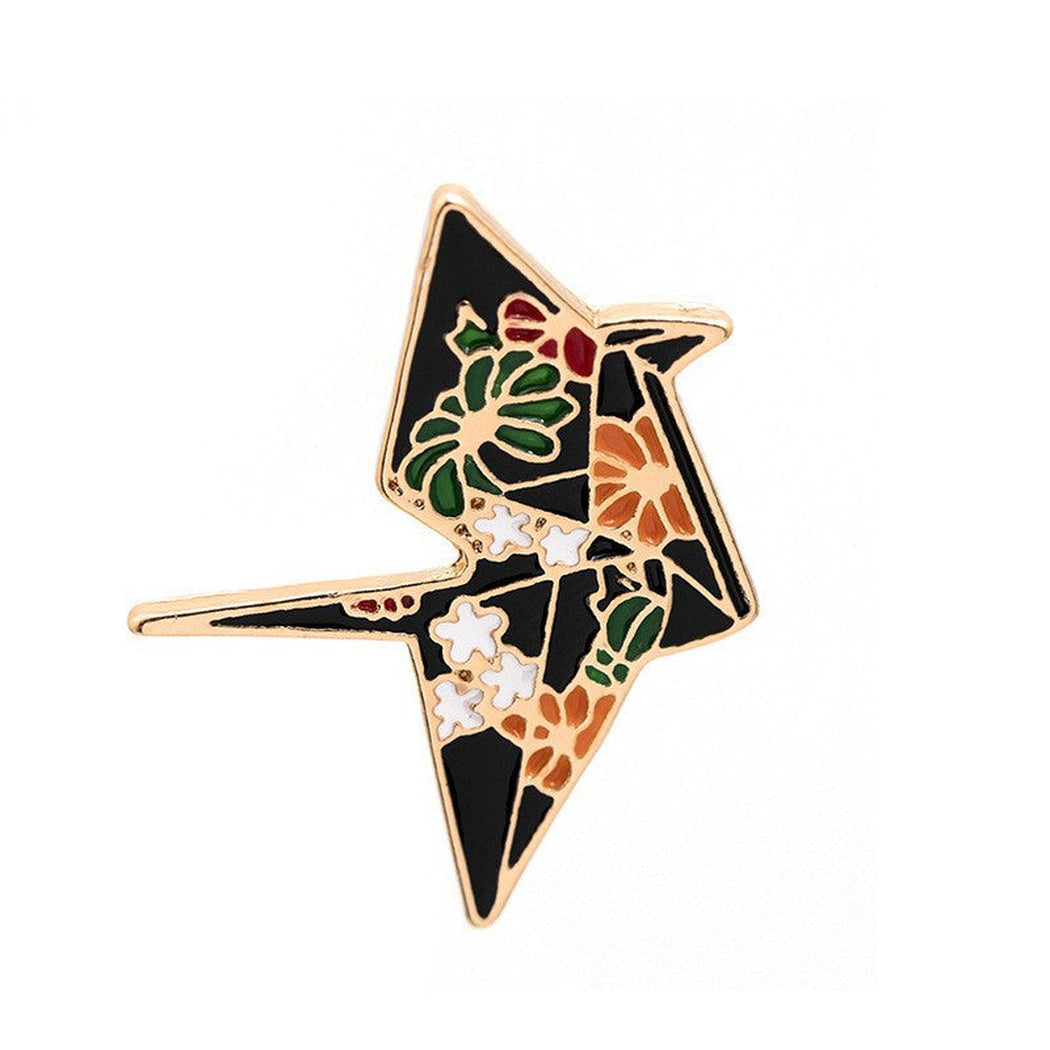 Floral dark origami crane brooch, front view