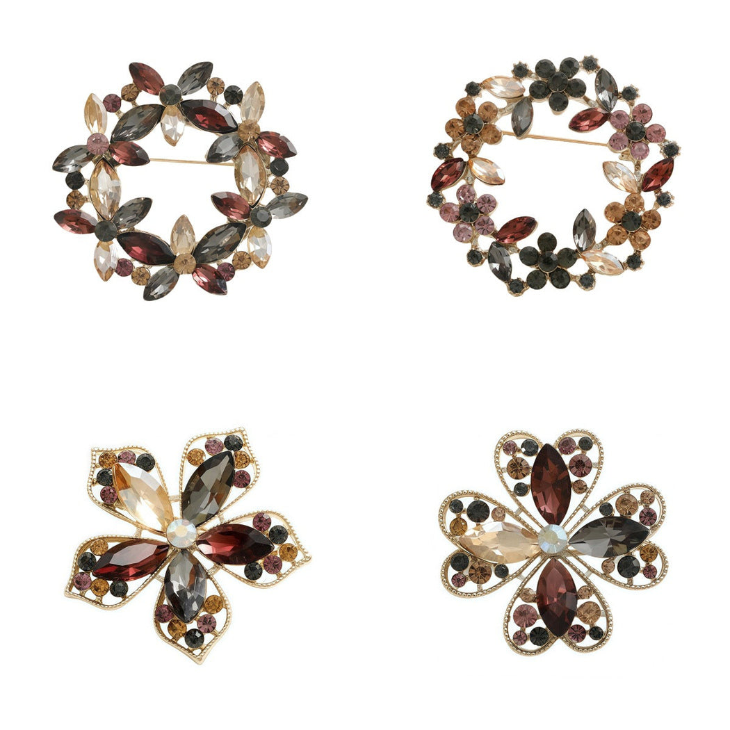 Burgundy openwork brooch in four visible styles, overview