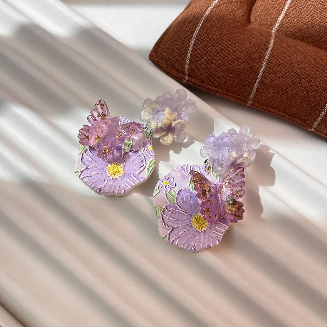 Purple floral cluster drop earrings, alternate view 1