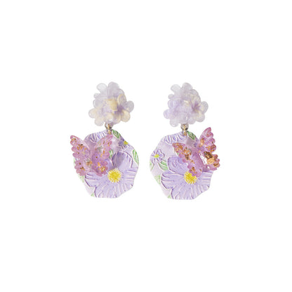 Purple floral cluster drop earrings, front view