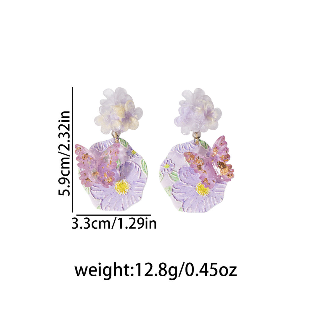 Purple floral cluster drop earrings, dimensions and weight view