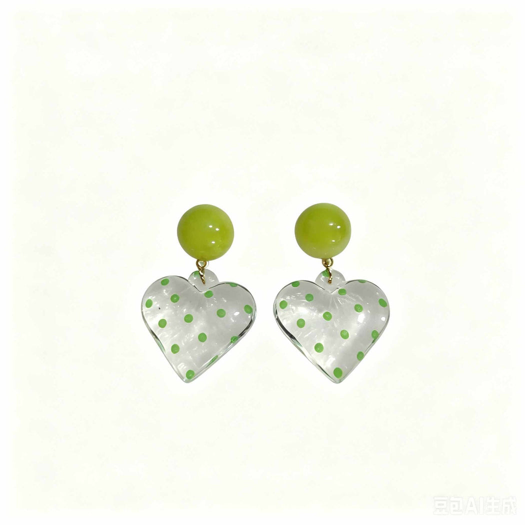 Green polka dot heart drop earrings, alternate view 2
