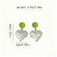 Green polka dot heart drop earrings, dimensions and weight view