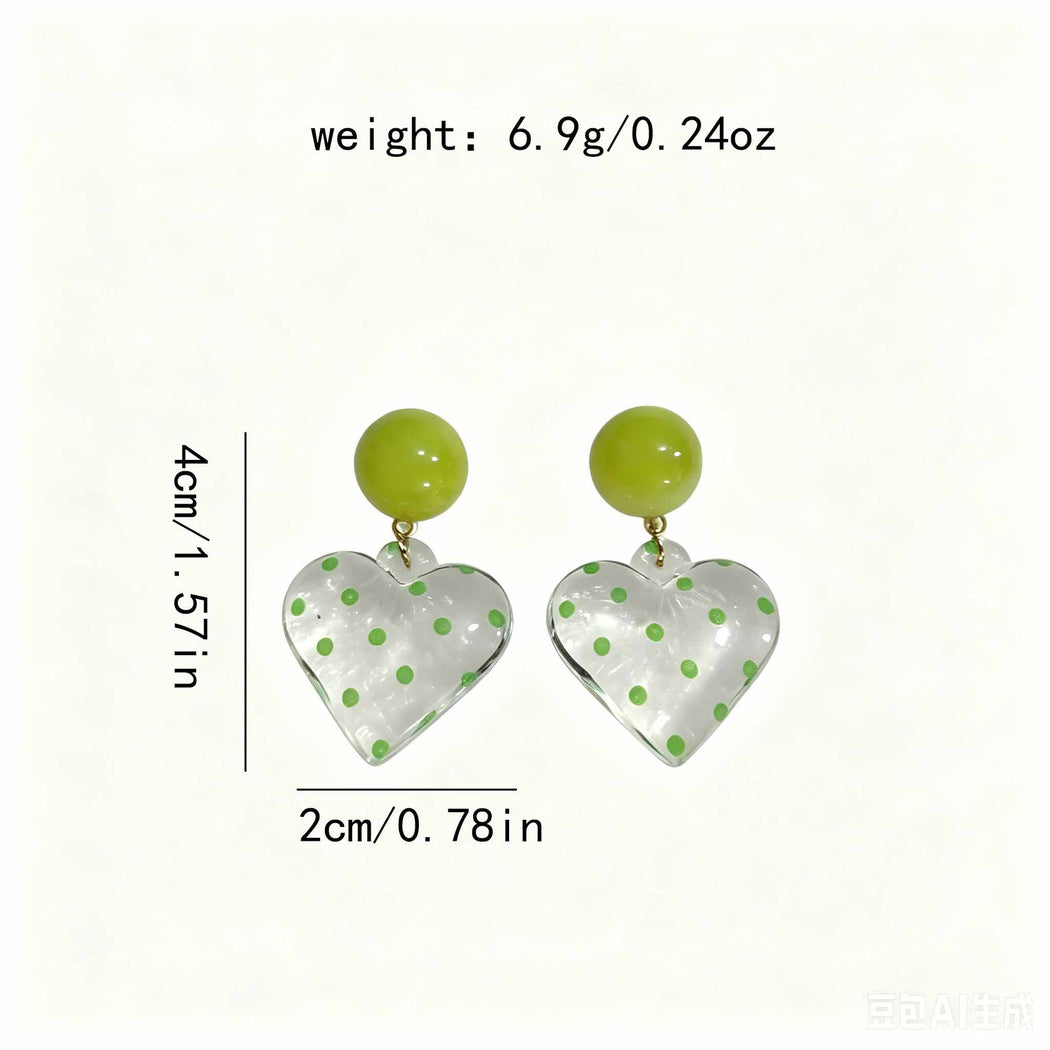 Green polka dot heart drop earrings, dimensions and weight view