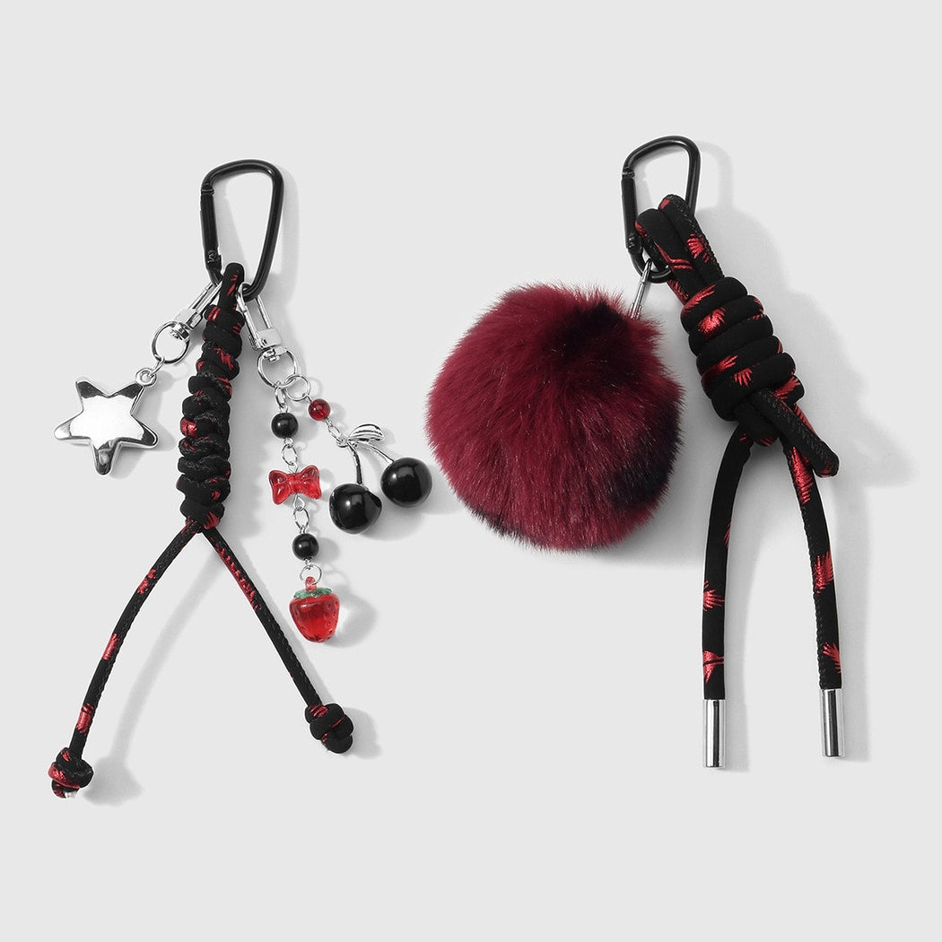 Keypus - Y2K Leopard Print Pom Pom Cherry Keychain
